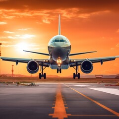 Naklejka premium Airplane Landing on Runway at Sunset
