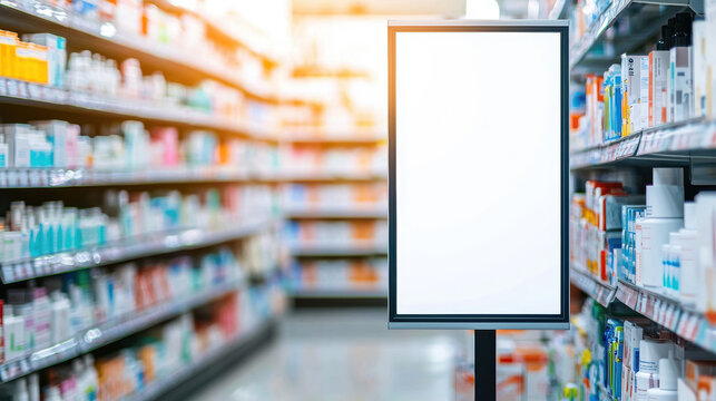 Empty signage in a pharmacy aisle surrounded by product shelves, ideal for advertisements or promotions.