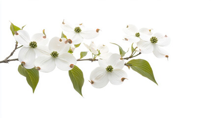 Obraz premium Delicate white dogwood flowers on a branch, showcasing natural beauty and elegance, perfect for spring-themed designs.
