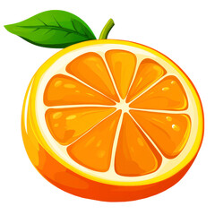 Fresh orange fruit slice with green leaf, white isolated background.