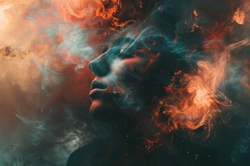 Fototapeta premium A person with red and orange smoke emitting from their face, suitable for use in fantasy or sci-fi scenes