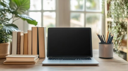 Fototapeta premium A modern workspace with a laptop, books, and stationery on a wooden desk near a window.