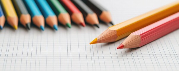 Obraz premium colorful pencils lined up on graph paper, academic focus