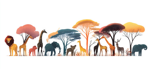 Vector illustration of various animals standing in front of trees