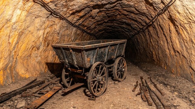 Rusted mining carts and old tools in an abandoned mining tunnel, symbolizing the history and legacy of mining