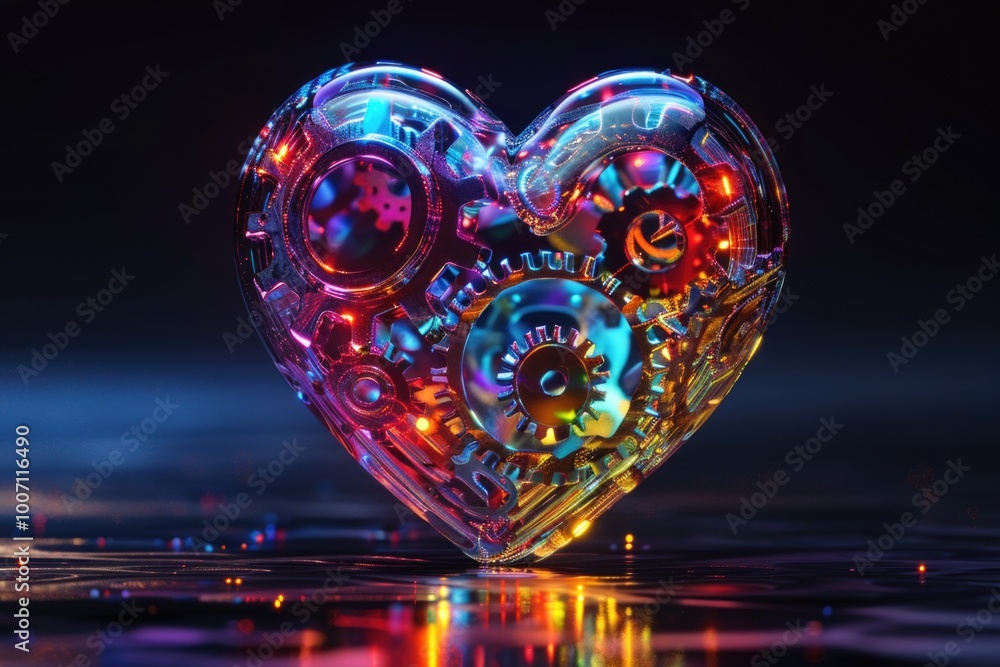 Poster a mechanical heart-shaped device with intricate gears inside