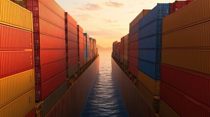 Fototapeta premium Stunning view of cargo containers stacked along a shipping canal at sunset, highlighting maritime transport and global trade.