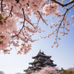 Naklejka premium Serene spring landscape with traditional Asian pavilion and cherry blossoms in the foreground