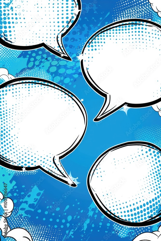 Poster a collection of colorful speech bubbles floating against a bright blue background, great for adding 