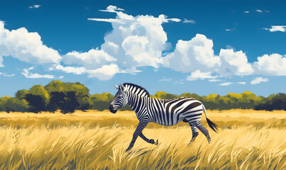 Naklejka premium A zebra walking in savanna with tall grass trees background