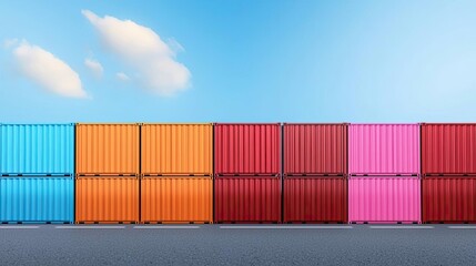 Fototapeta premium Vibrant colored shipping containers lined up against a clear blue sky, showcasing industrial design and transportation themes.