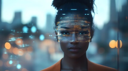 A Black businesswoman stands in front of an office building, with digital facial biometric data overlaying her face