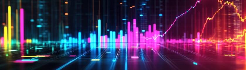 Abstract colorful data visualization with vibrant lines and bars representing statistics and analytics.