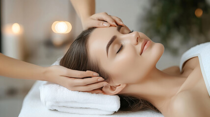 Obraz premium Relaxing experience for a young brunette enjoying a soothing head massage in a calm spa environment during a serene afternoon