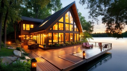A picturesque house by the lake, with wooden decks, large windows overlooking the water, and trees surrounding the property.