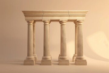 Three stone pillars with intricate carvings, surrounded by lush greenery and a large clock face in the background