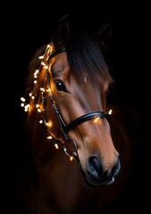 Obraz premium A beautifully decorated horse glimmers with fairy lights around its bridle, set against a dark backdrop, showcasing festive spirit