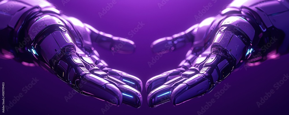 Poster purple robotic hands reaching out in a futuristic and technological environment with a glowing and i