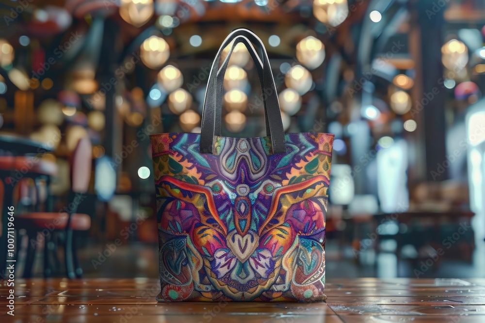 Poster a colorful bag sits on top of a wooden table, perfect for storing or displaying items
