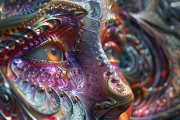 A close-up view of a vibrant mask on display