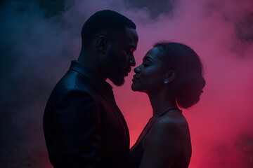 Black couple embracing. African american man and woman. YA paranormal fantasy concept. Darkness with color burst. Mist, smoke, fog. Couple in love. Glowing light. Surreal epic fantasy dystopian love