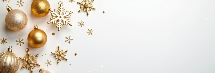 Fototapeta premium Top view white background with golden Christmas decorations and snowflakes placed in the top left corner. Soft golden bokeh light and a subtle blur effect on the right creating space for the text