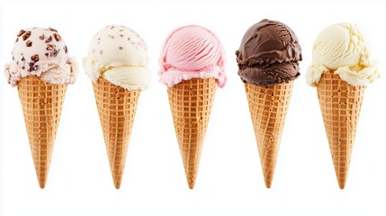 Five colorful ice cream cones displaying various flavors, perfect for summer enjoyment on a warm day