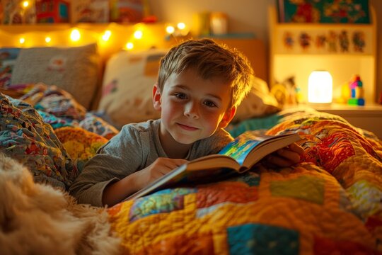 young boy, about 7 years old, is lying in bed under soft, warm lighting, reading a colorful storybook. His room is filled with toys and books, and his bed is covered with a vibrant quilt