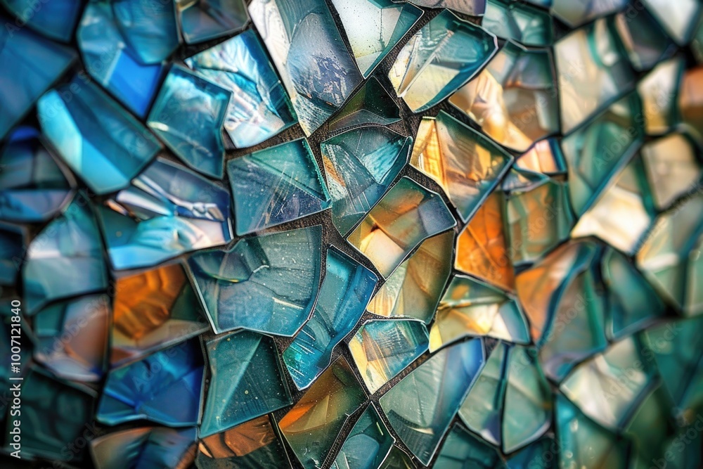 Poster a detailed view of a blue and green mosaic with intricate patterns