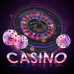 Pink neon logo casino, black roulette wheel with wood desk and cells, dices on black background with light, rays, glare, sparkles. Vector illustration for casino, game design, advertising
