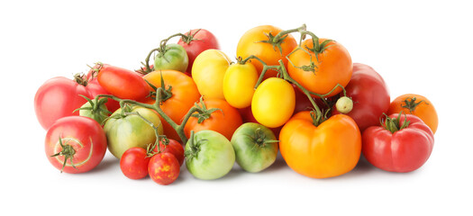 Different sorts of fresh ripe tomatoes isolated on white