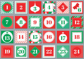 December advent calendar. Christmas poster countdown printable tags numbered poster with xmas ornament - Polkadot, Gingham, Triangles, Diagonal, Horizontal and Vertical Stripes.