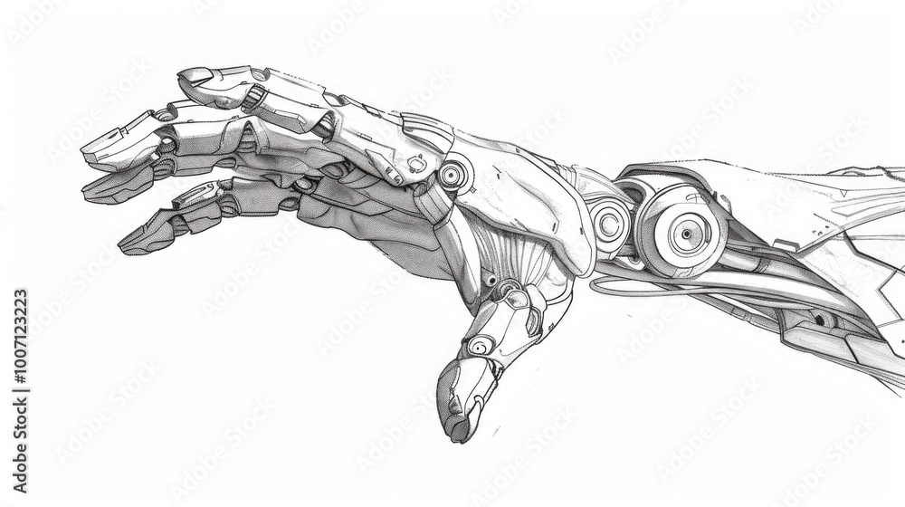 Poster a mechanical hand extending towards an unknown object