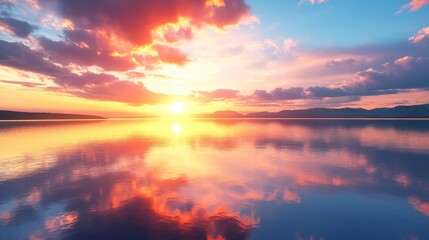 gorgeous evening sky reflecting on mirror like lake water surface , elegance skyscape background