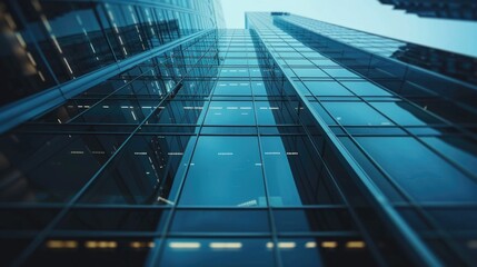 Obraz premium A modern cityscape with a prominent high-rise building featuring numerous windows