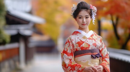 pretty woman wearing Kimono Japanese traditional attire walking on city street in autumn season 