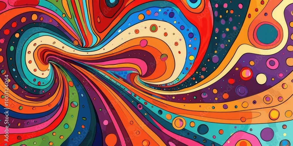 Poster a vibrant and playful illustration featuring a colorful swirl with numerous dots, perfect for adding