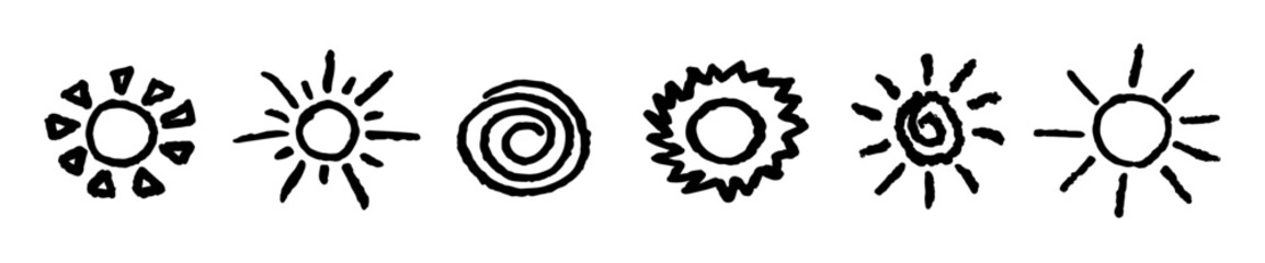 Set of fun like kid drawing black sun. Collection painted with pastel crayons or wax pencil sunny icons. Summer sky symbols. Rough chalk texture vector illustration in children style. Design elements.