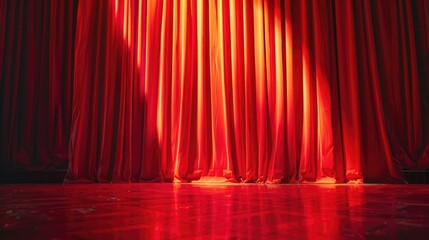 A dramatic stage setting with red curtains and lighting