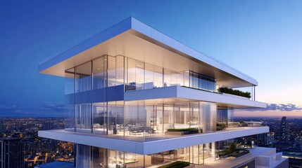 Obraz premium A stylish office building with an all-glass exterior and a mix of green spaces on terraces, showcasing sustainability in design.