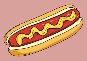 Hot-dog with mustard on pink background, vector illustration