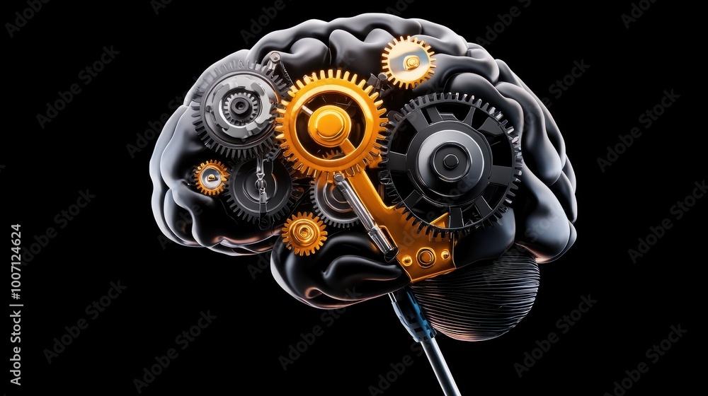 Poster a stylized brain made up of gears and cogs, symbolizing the mechanics of learning, problem-solving, 