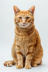 Fototapeta premium A domestic orange cat sitting comfortably on a white background