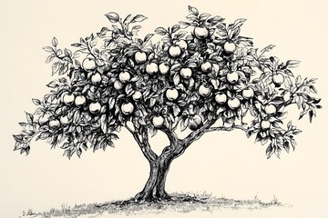 Fototapeta premium A black and white drawing of a tree filled with apples