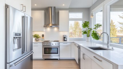 Fototapeta premium A sleek modern kitchen featuring stainless steel refrigerator, dishwasher, and range hood, with white cabinetry and a large window