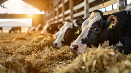 Two cows relaxing on a stack of fresh hay, a peaceful rural scene