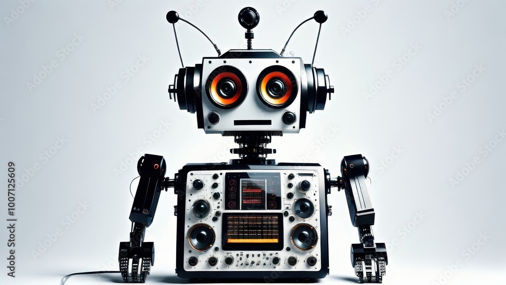 Aufkleber a retro-styled robot with a vintage design and various mechanical features.