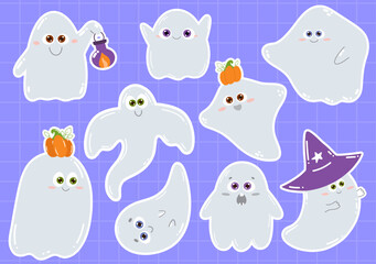 Halloween hand drawn ghost stickers set. Cute cartoon spooky characters