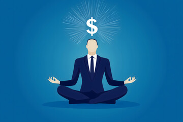 Businessman meditating with  dollar above his head blue background Business and Meditation Concept