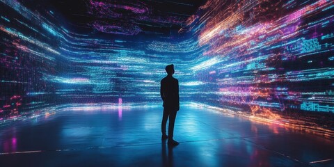 Fototapeta premium a man standing in a dark room with colorful lights